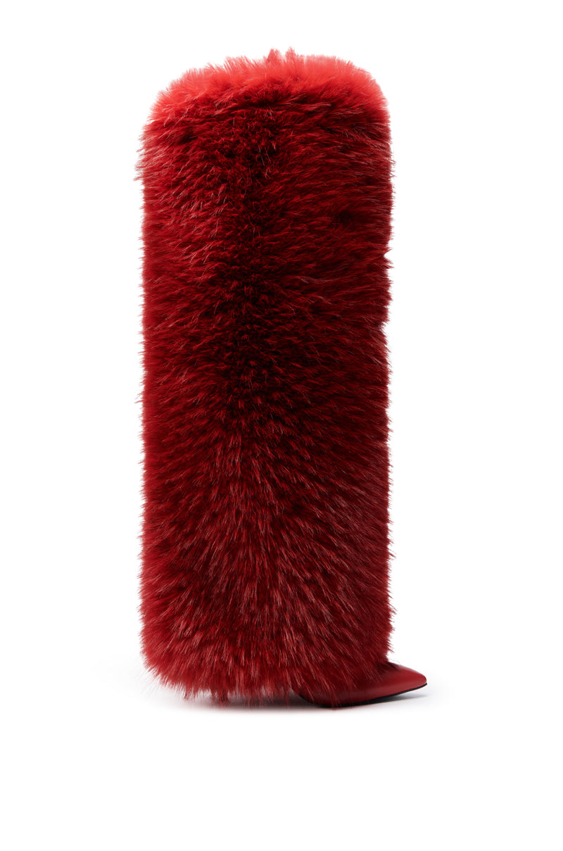 The AZALEA WANG LANGLEYE RED THIGH-HIGH FUR LUXE BOOT is a tall, cylindrical boot with dense red fur covering the entire foot and leg, showcased against a plain white background.