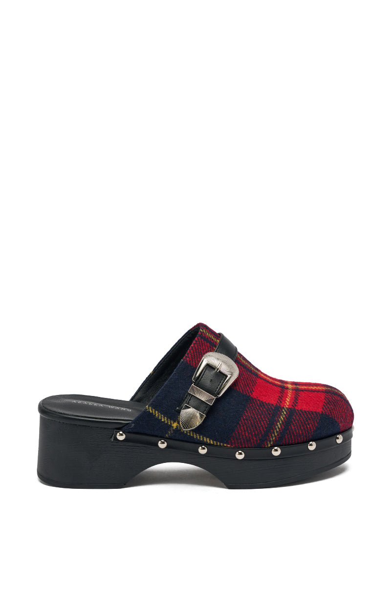 The AZALEA WANG LATIFAH RED PLAID CHUNKY HEEL MULE features a wool-like plaid upper, black sole, large silver buckle strap, and silver studs above a cushioned insole heel. 3