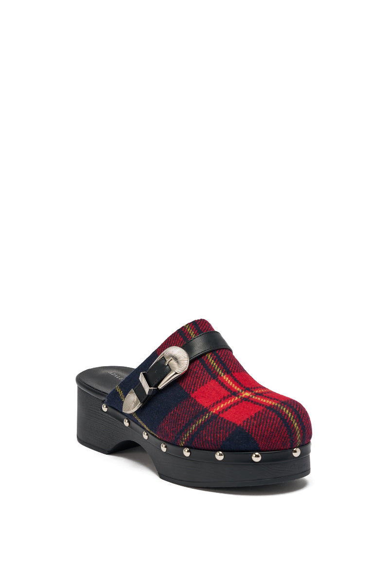 The AZALEA WANG LATIFAH RED PLAID CHUNKY HEEL MULE features a red wool-like plaid upper, black leather strap with silver buckle, cushioned insole heel, black platform sole, and silver studs along the base. 4