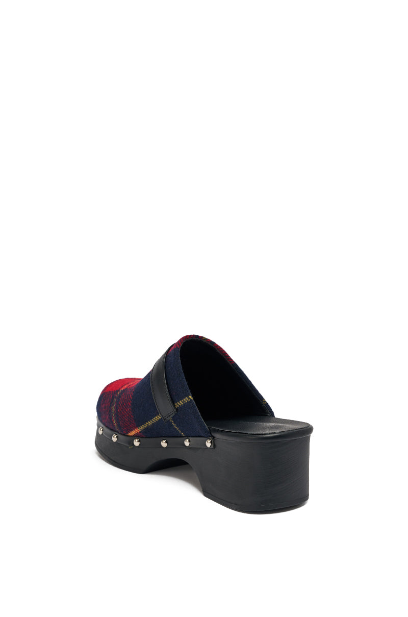 The AZALEA WANG LATIFAH Red Plaid Chunky Heel Mule features a navy and red plaid upper, black sole, silver stud accents along the edge, and a cushioned insole heel for comfort. 5