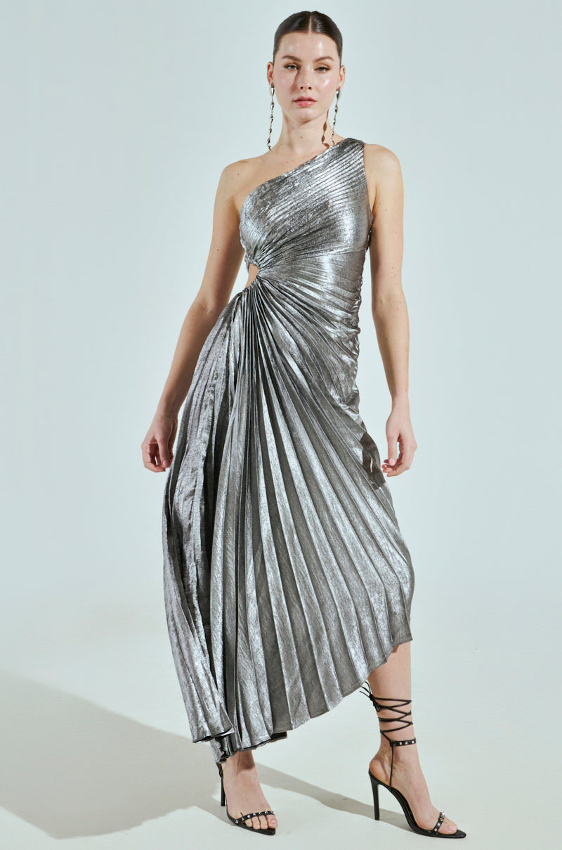 strappy pleated midi dress A LITTLE PARTY PLEATED MIDI DRESS IN SILVER AKIRA strappy pleated midi dress A LITTLE PARTY PLEATED MIDI DRESS IN SILVER AKIRA