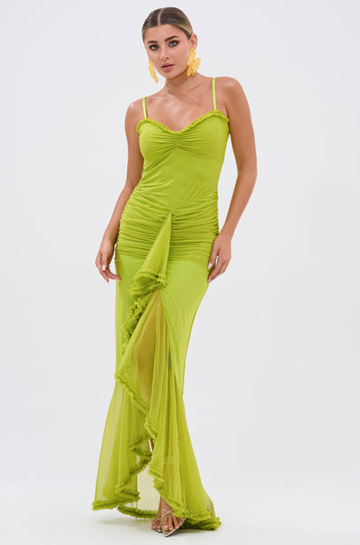 TATI RUFFLE MAXI DRESS IN LIME AKIRA TATI RUFFLE MAXI DRESS IN LIME AKIRA