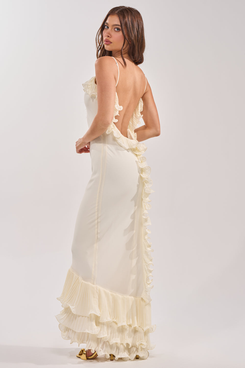 AKIRA Love Me Or Lose Me Ruffle Maxi Dress In Ivory | Size Small