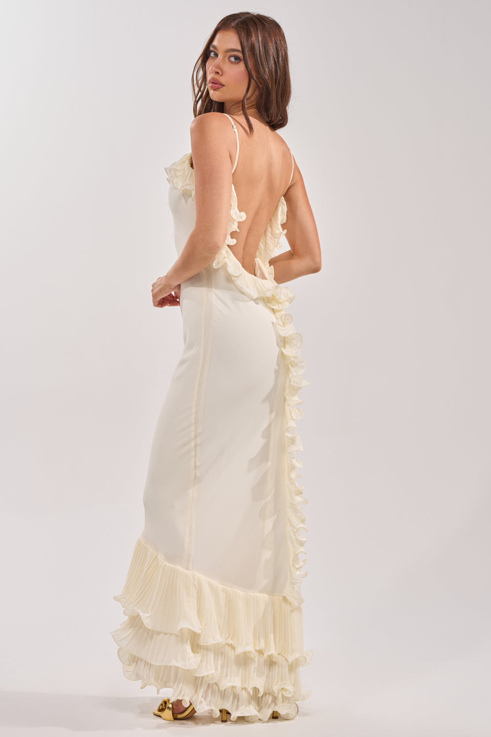 LOVE ME OR LOSE ME RUFFLE MAXI DRESS IN IVORY – AKIRA