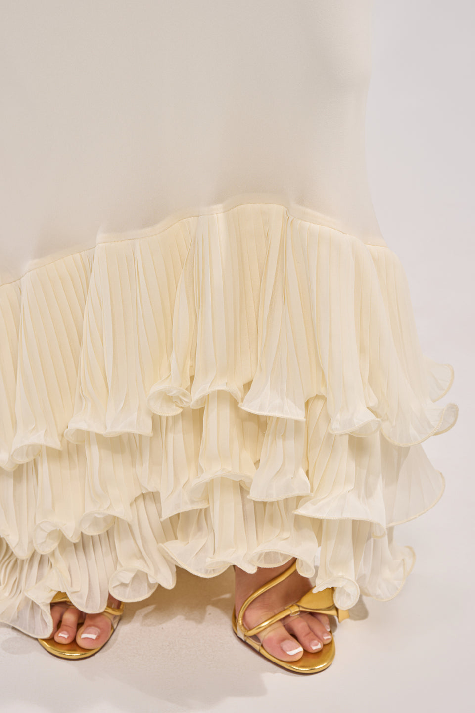 pliss ruffle-trim maxi dress in ivory Pliss Ruffle Trim Maxi Dress in Ivory