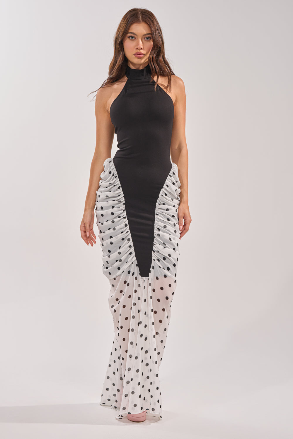 AKIRA Out For The Night Mock Neck Maxi Dress In Polka Dot | Black