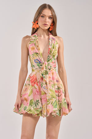 beige ainika floral ruffle mini dress SOFT LAUNCH IN – AKIRA Okinawa prefecture