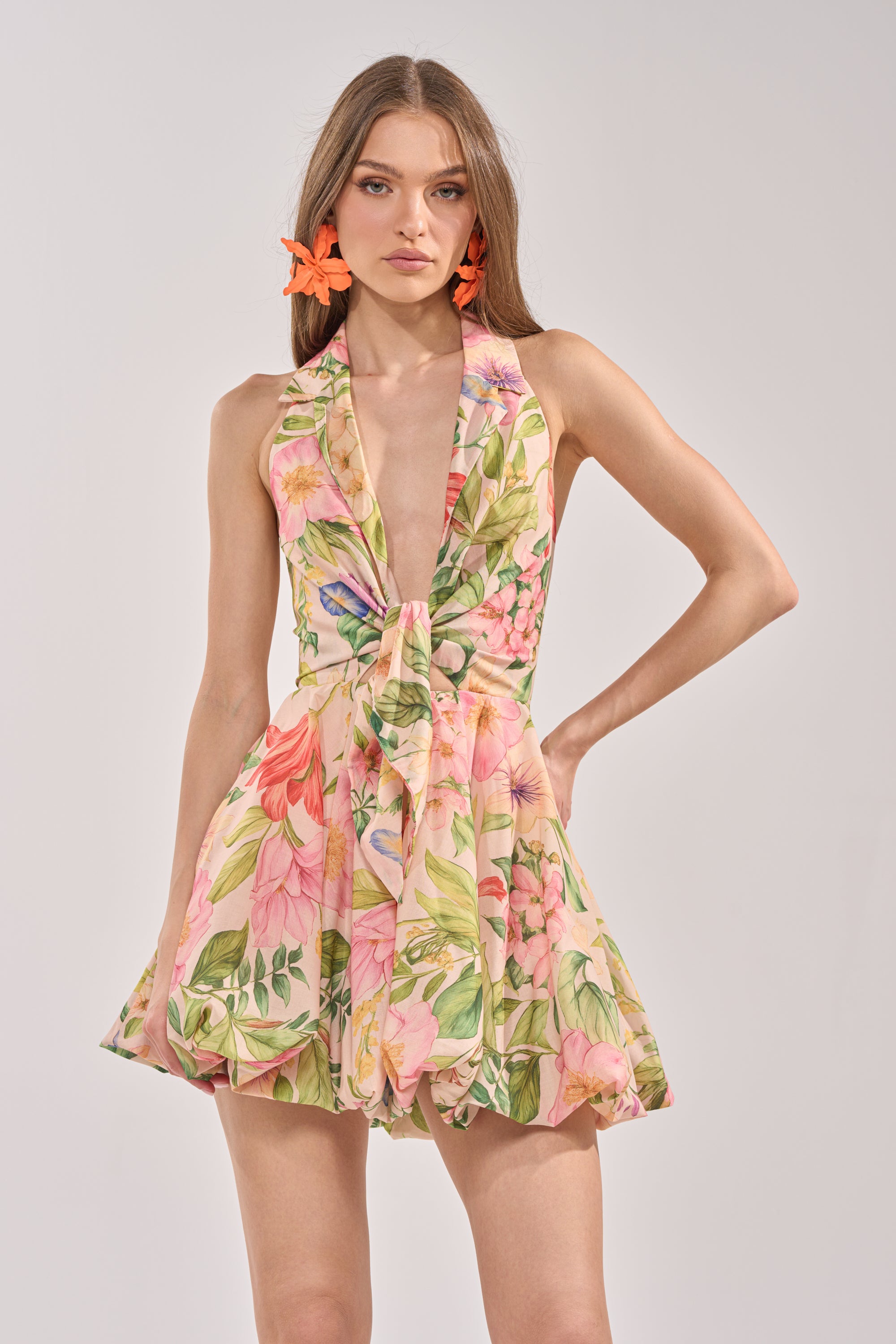 orange flower mini dress SOFT LAUNCH FLORAL MINI DRESS IN BEIGE – AKIRA