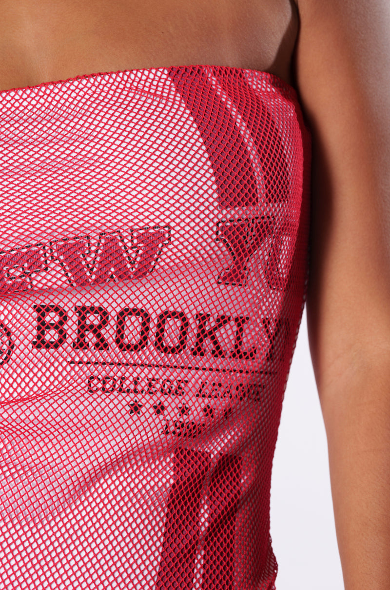 Close-up of a person wearing the BROOKLYN MESH MINI DRESS in cherry red mesh jersey with the text "BROOKLYN" and "NEW" visible. The background of the image is plain white.