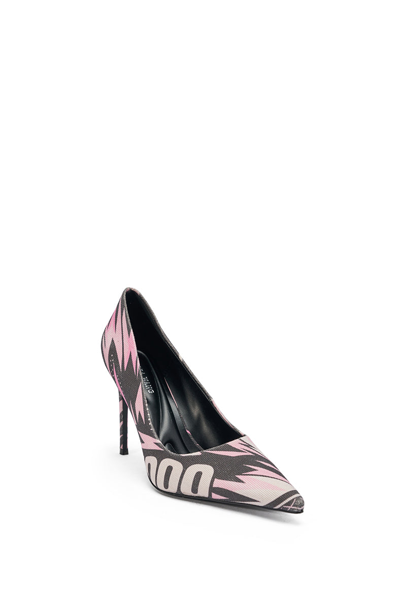 The AZALEA WANG SPORT PRINTED STILETTO POINTED TOE PUMP features a bold pop-art print in pink, black, and beige, comic-inspired design, sleek black interior, and cushioned insole for comfort all day. 3