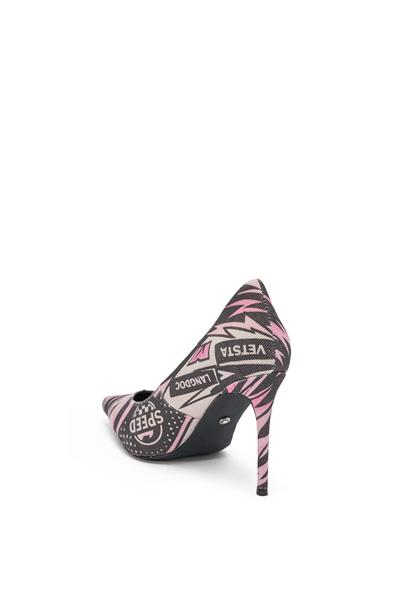 The AZALEA WANG SPORT PRINTED STILETTO POINTED TOE PUMP features black and pink geometric pop-art graphics, bold text, a comfort cushion insole, pointed toe, and high heel, shown from the back on a white background. 4