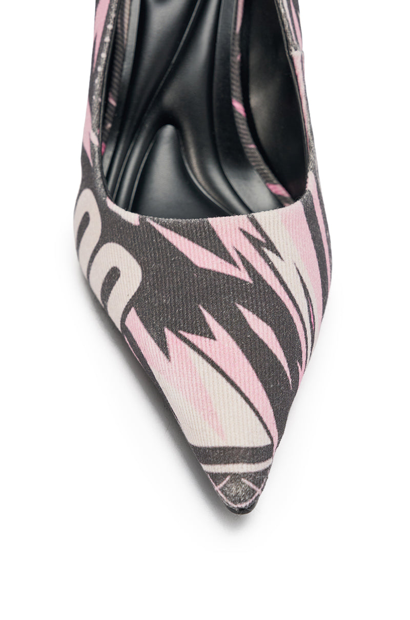Close-up of the AZALEA WANG SPORT PRINTED STILETTO POINTED TOE PUMP, featuring a vibrant black, white, and pink abstract design. These pumps showcase a pointed toe and black comfort cushion insole, displayed from above on a white background. 5