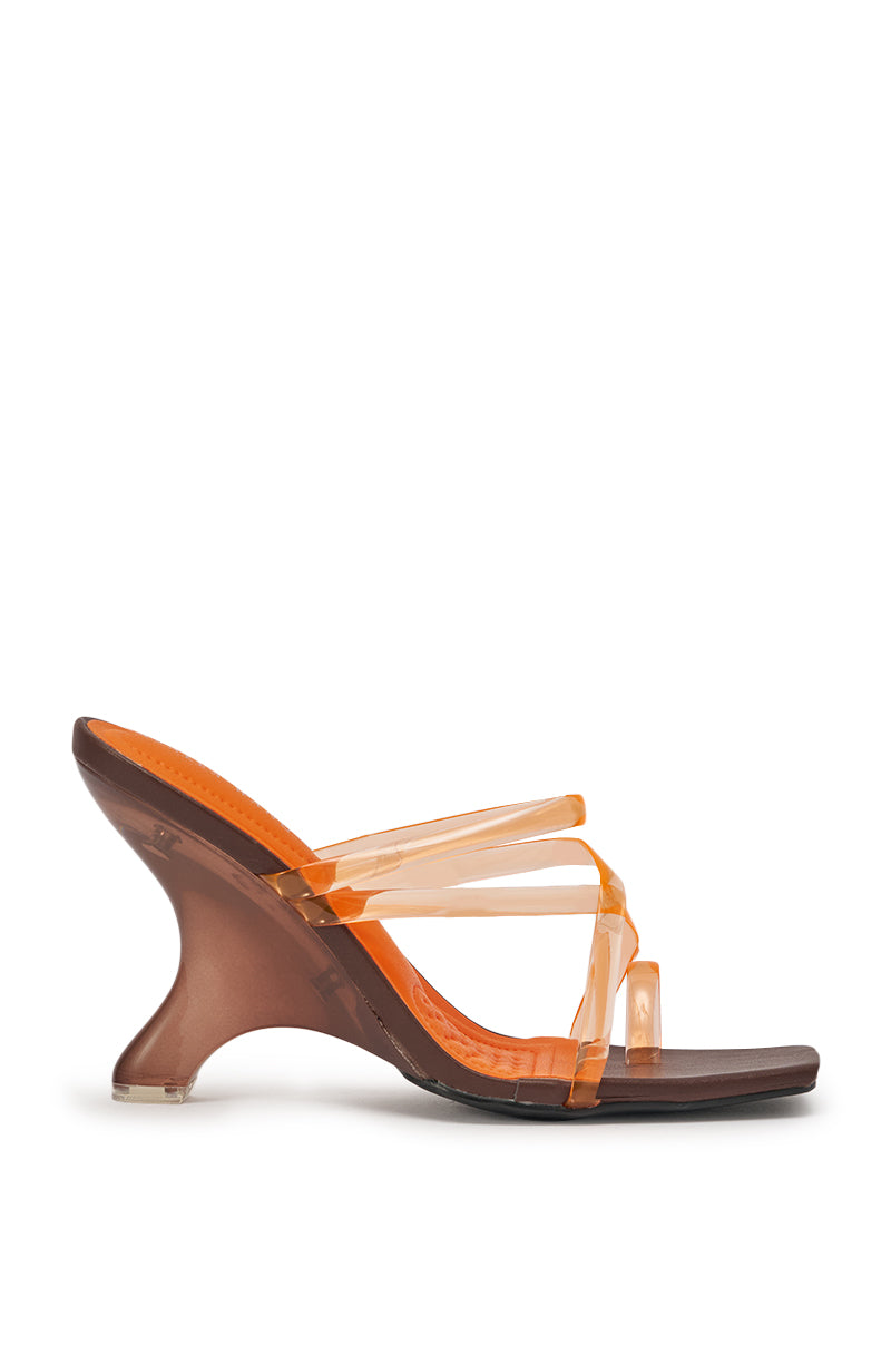 The AZALEA WANG LEMUEL Brown and Orange Wedge Sandal has a sculptural wedge heel, brown sole, three translucent PVC straps, and a square open toe. 3