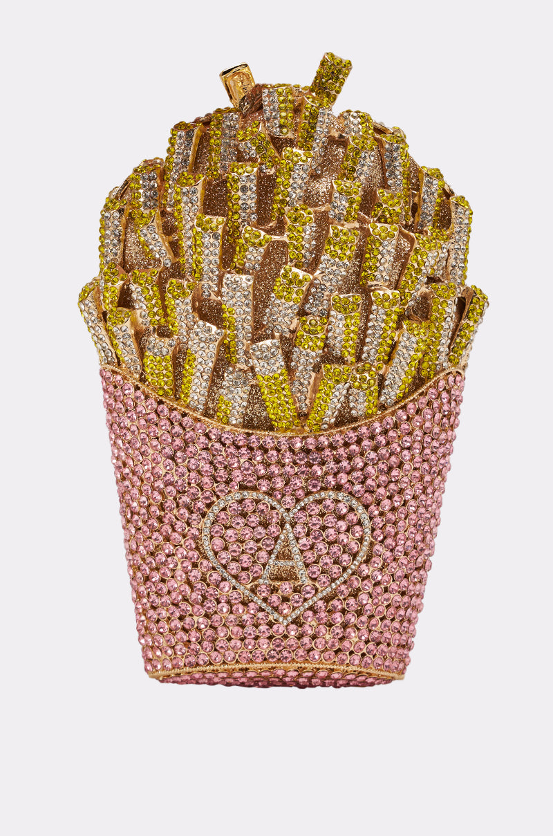 The A-MAZING FRENCH FRY BLING PURSE dazzles with gold and silver rhinestone fries, while its pink gem-studded container features a heart and an “A” on the front for a playful statement look. 3