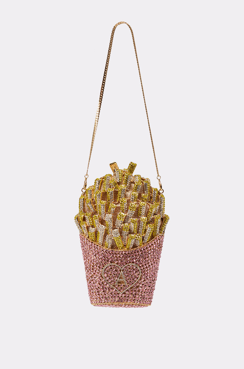 The A-MAZING FRENCH FRY BLING PURSE is a novelty clutch shaped like a box of fries, adorned with pink, silver, and yellow rhinestones, gold chain strap, and heart detail—an eye-catching statement bag for any outfit. 4