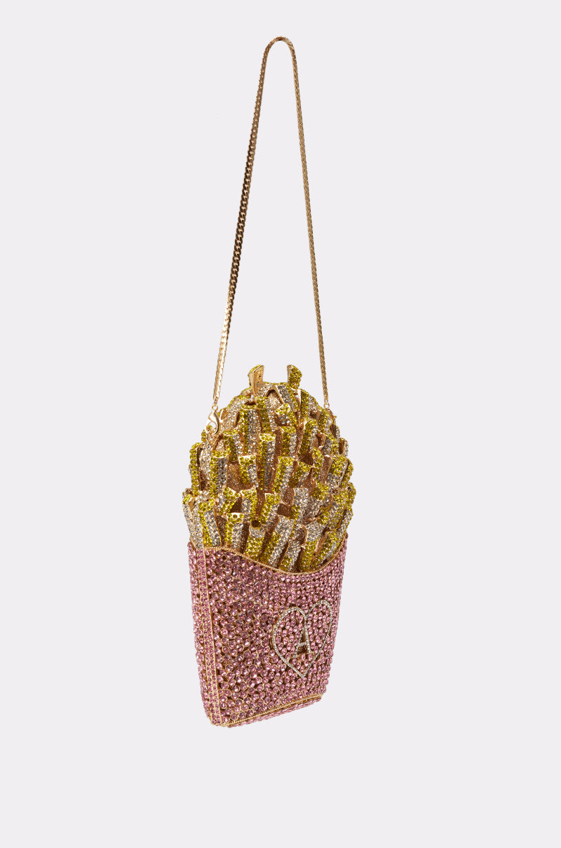 The A-MAZING FRENCH FRY BLING PURSE is a statement bag shaped like a box of french fries, featuring pink and gold rhinestones, a gold chain strap, and a decorative "A" emblem on the front. 5