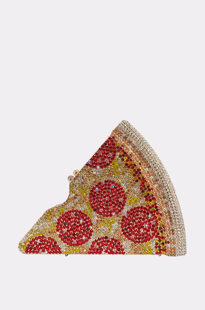 The GRAB A SLICE RHINESTONE PIZZA CLUTCH is a sparkling pizza-slice handbag, featuring red, yellow, and brown rhinestones for toppings and crust, all shown on a plain white background. 3