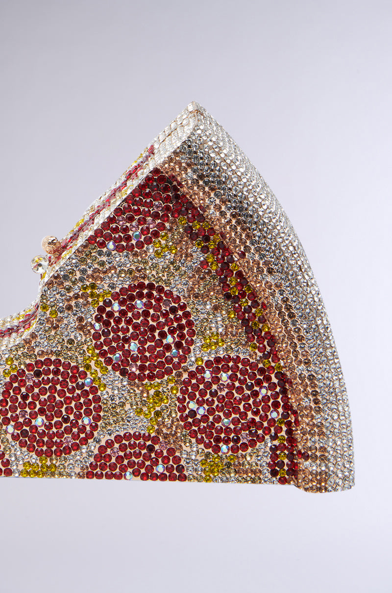 The GRAB A SLICE RHINESTONE PIZZA CLUTCH features sparkling red, silver, and gold rhinestones on a plain gray background, forming patterns of pepperoni, cheese, and crust for a dazzling statement piece.
