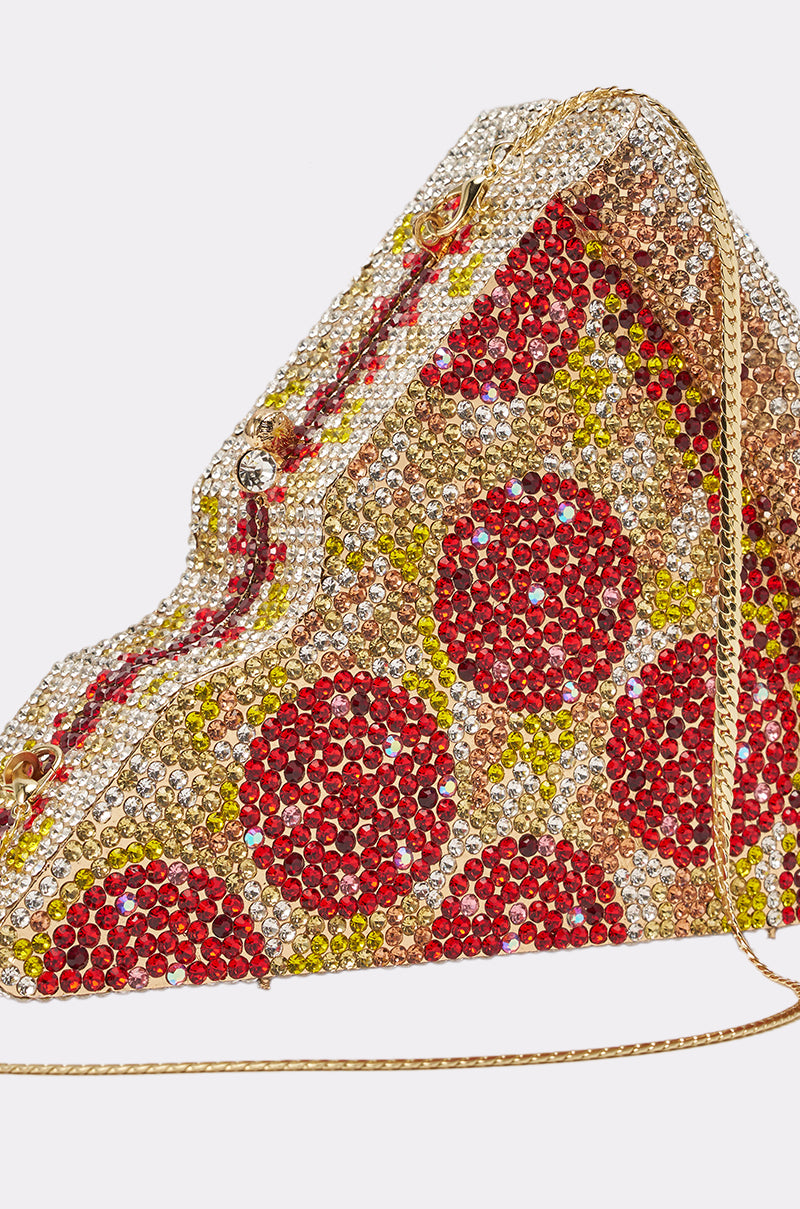 The GRAB A SLICE RHINESTONE PIZZA CLUTCH is a pepperoni pizza-shaped novelty purse sparkling with red, gold, and clear rhinestones, and comes with a chic gold chain strap. 4