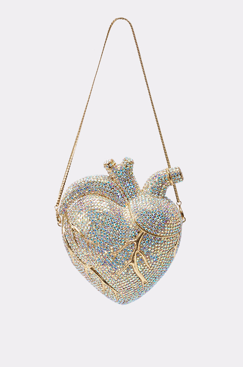 Introducing the BEATING HEART RHINESTONE BAG—a stunning purse meticulously crafted in the shape of an anatomical human heart and encrusted with sparkling multicolored rhinestones. Finished with a slim gold chain strap, this eye-catching accessory makes the ultimate statement clutch or party bag for anyone who loves bold, unforgettable fashion.