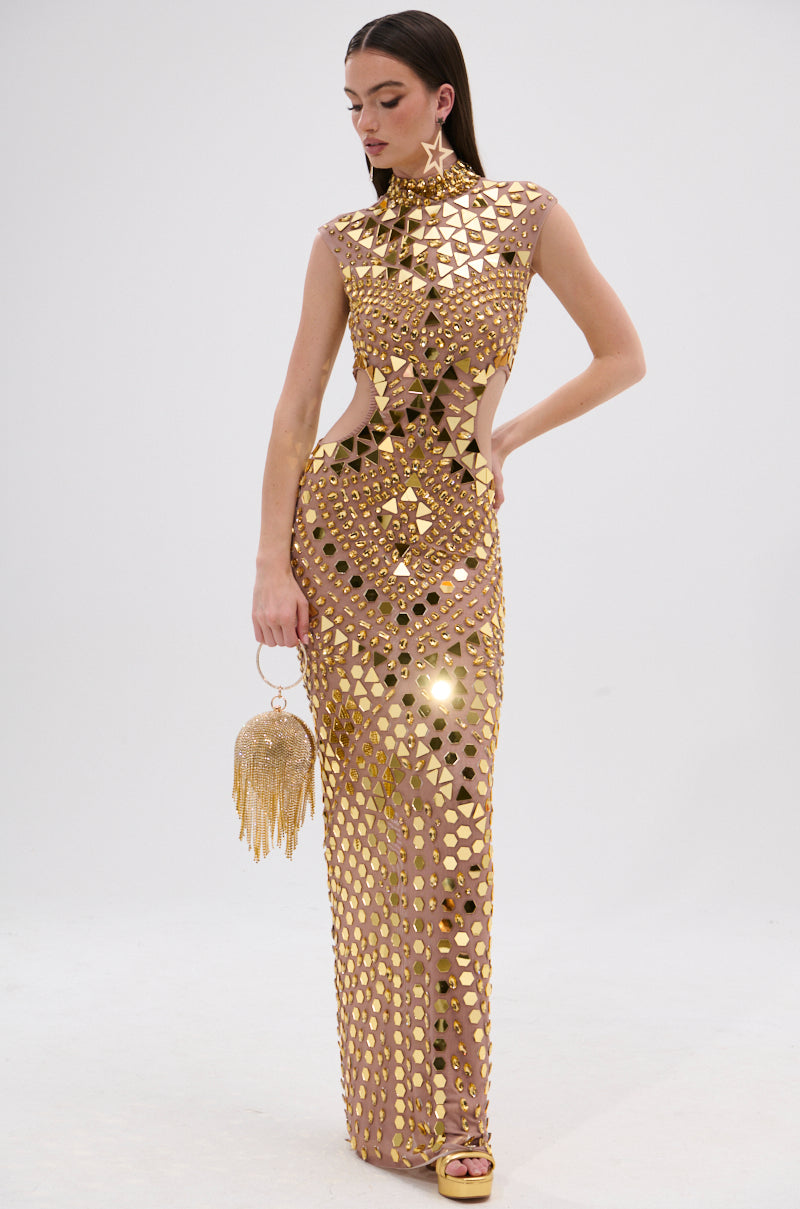 QUEEN OF EVERYTHING MIRRORED MAXI DRESS IN GOLD AKIRA QUEEN OF EVERYTHING MIRRORED MAXI DRESS IN GOLD AKIRA
