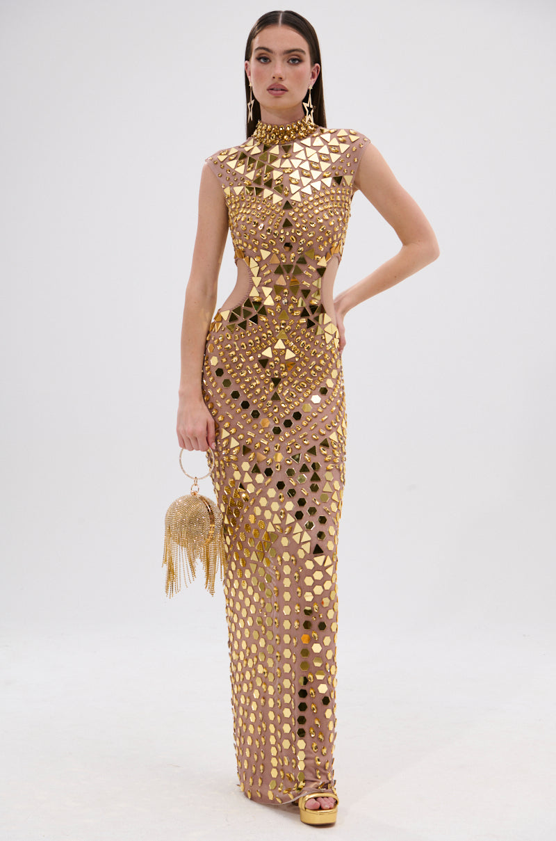 slim fit dress slacks QUEEN OF EVERYTHING MIRRORED MAXI DRESS IN GOLD – AKIRA