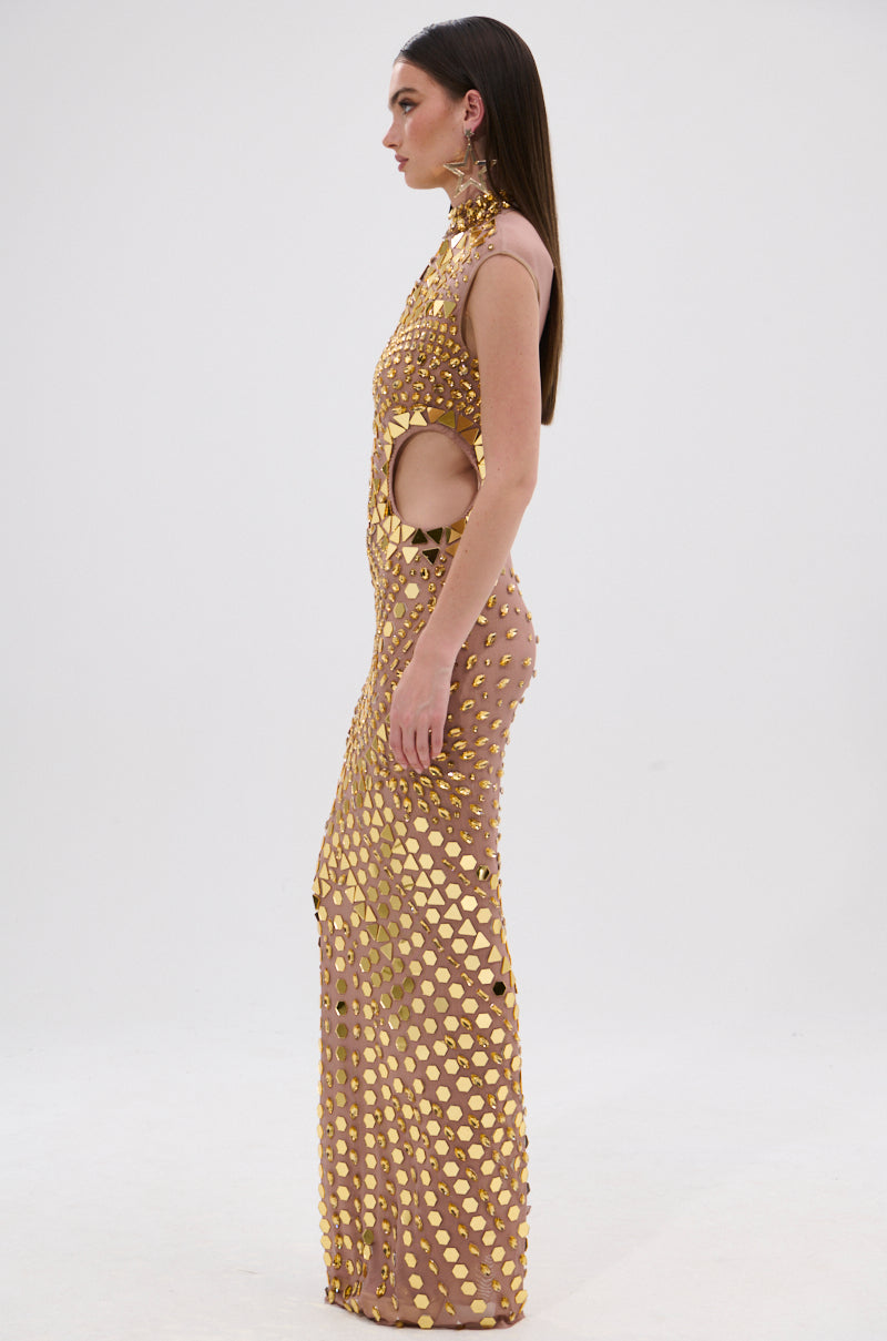 chinese dress ladies QUEEN OF EVERYTHING MIRRORED MAXI DRESS IN GOLD – AKIRA