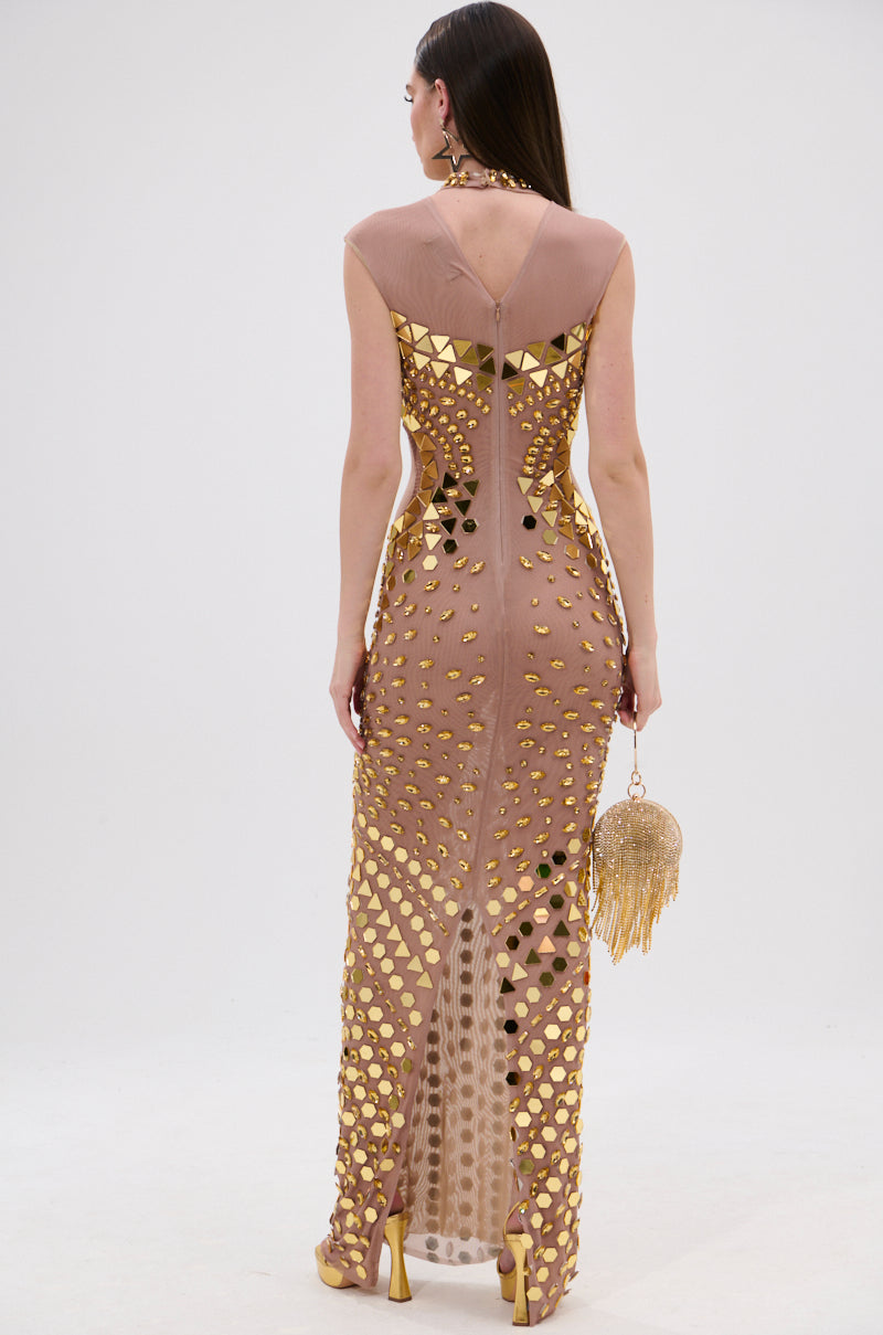 QUEEN OF EVERYTHING MIRRORED MAXI DRESS IN GOLD AKIRA QUEEN OF EVERYTHING MIRRORED MAXI DRESS IN GOLD AKIRA