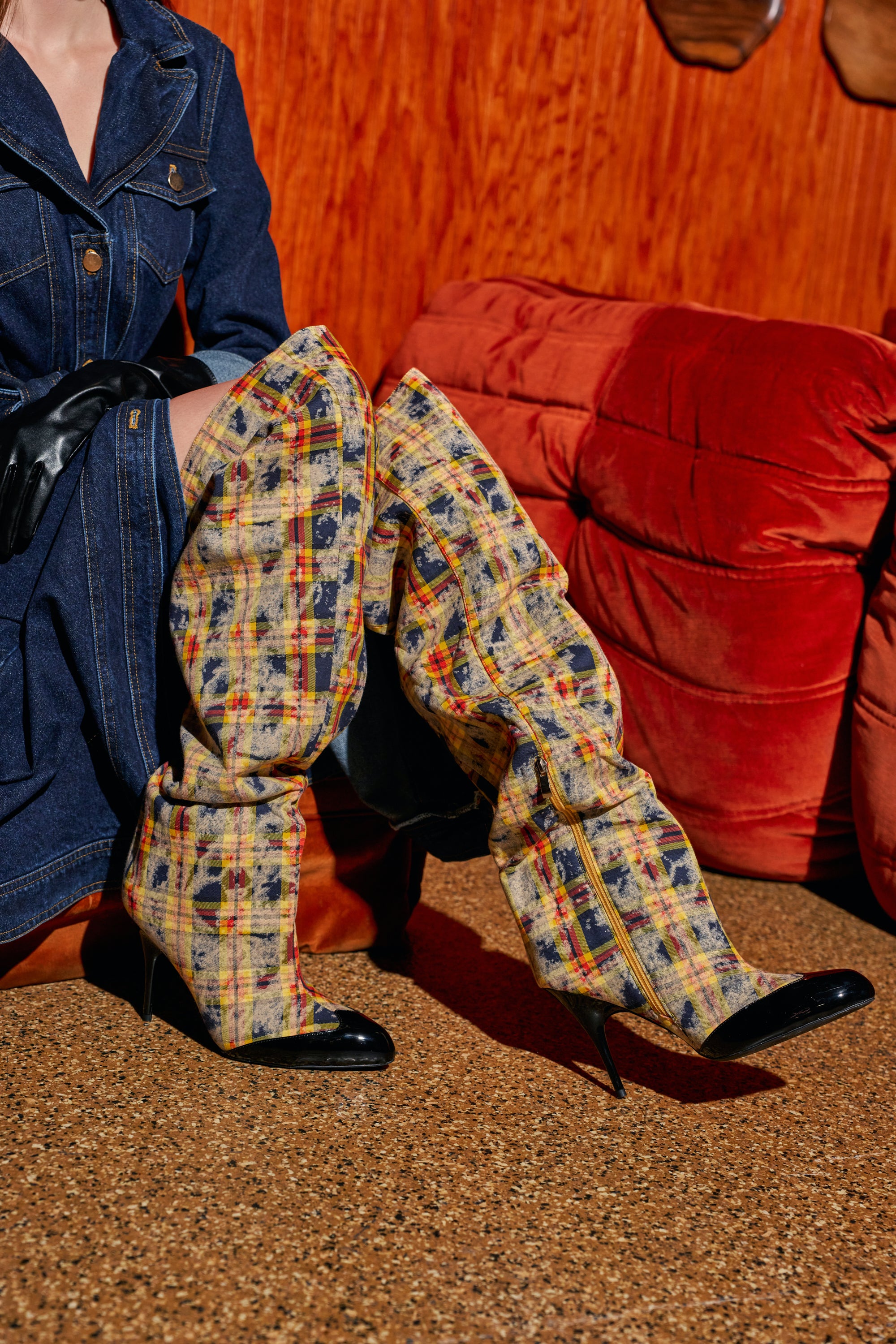 AZALEA WANG LOCHANA MULTI YELLOW PLAID FLANNEL SEXY BOOT: over-the-knee stiletto boots in a yellow, red, and blue plaid pattern with black pointed toes and thin high heels.