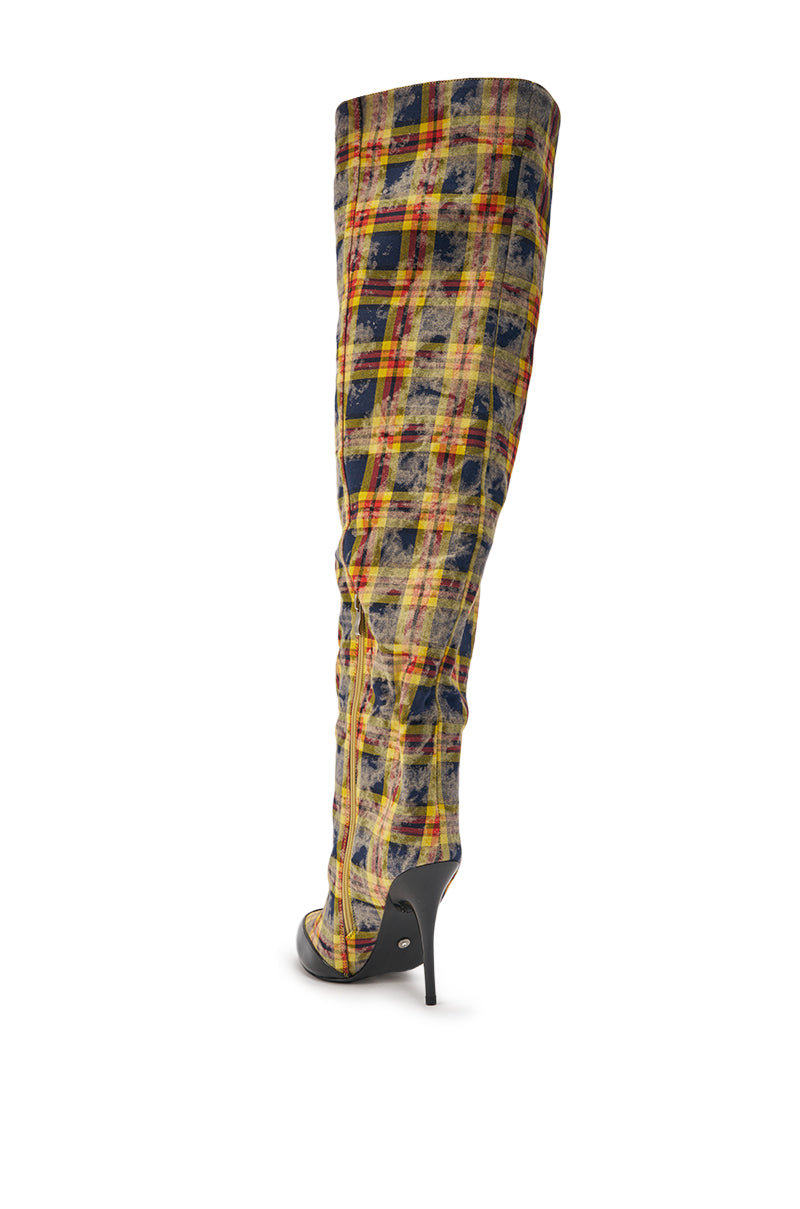 The AKIRA WANG LOCHANA MULTI YELLOW PLAID FLANNEL SEXY BOOT, a high-heeled open-toe thigh-high boot with yellow, red, and blue plaid fabric and a black stiletto heel, is displayed against a white background. 6