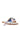 The AKIRA LORCAN WHITE SANDAL is a chic, stylish slide with a flat sole and easy slide-on fit. It features a white vegan leather base and a decorative fabric knot showcasing blue, red, and gold patterns.