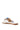 The AKIRA LORCAN WHITE SANDAL features a flat, tan sole with a white cushioned footbed. Its vegan leather woven strap showcases an intricate pattern with blue, red, and gold accents. Enjoy its easy slide-on fit for effortless style.