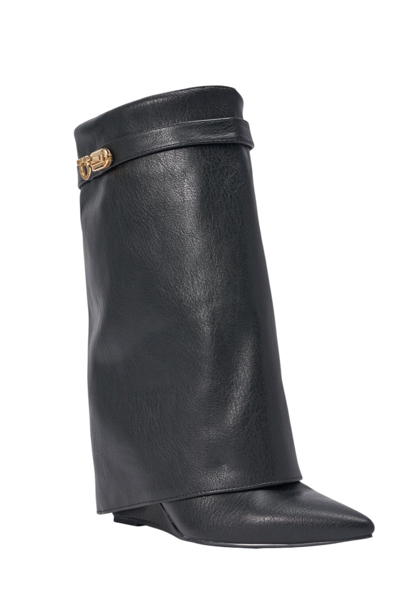 The AZALEA WANG LOUISA BLACK PU WEDGE BOOTIE features a pointed toe, low wedge heel, wide foldover shaft, an oversized slouched design, and a gold decorative buckle for standout style. 3