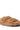 The AZALEA WANG LOVING TAN SANDAL, featuring a single brown faux fur with an open round toe, is displayed against a plain white background. The slightly angled view showcases its fluffy texture and cushioned insole, ensuring ultimate comfort.