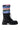 The AZALEA WANG LUBNA BLACK FABRIC DETAIL BOOTIE is a black combat boot with a chunky rubber sole, laces, and layered ruched fabric cuffs in pink, blue, peach, and green around the shaft.