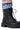 A close-up of the AZALEA WANG LUBNA BLACK FABRIC DETAIL BOOTIE, a black lace-up combat boot with a chunky rubber sole, paired with colorful ruched pants featuring blue, green, and pink stripes.