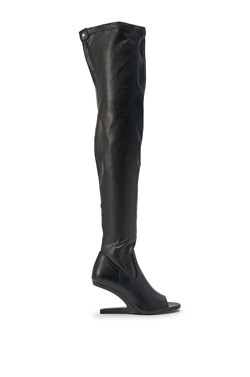 The AZALEA WANG LUMI Black Over The Knee Open Toe Wedge Boot, made of shiny leather with an open heel, is shown in profile on a white background. 3