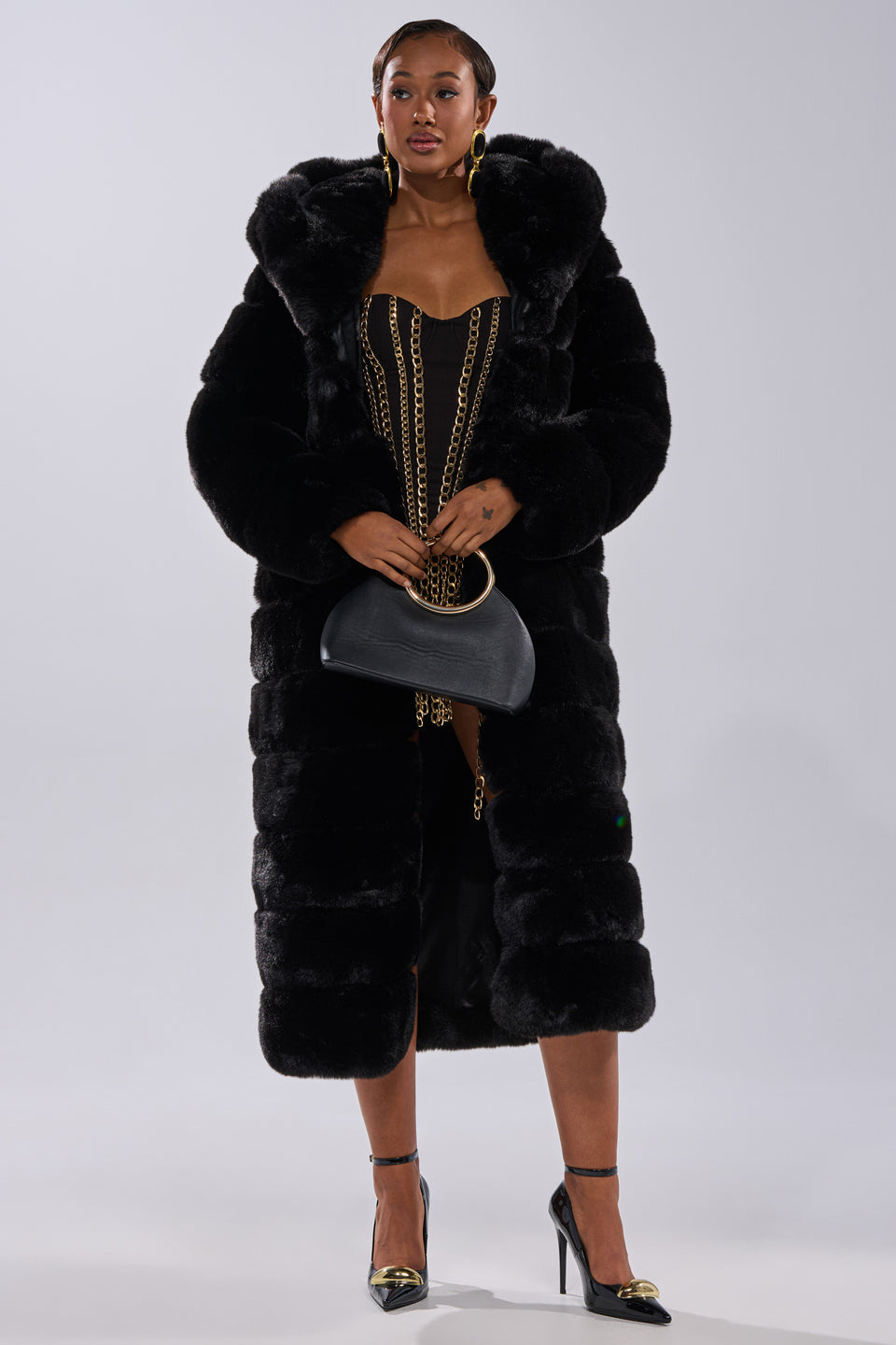 hooded lace up faux fur panel marled asymmetrical dress Faux Fur Trim Off Shoulder Mini Dress Micas