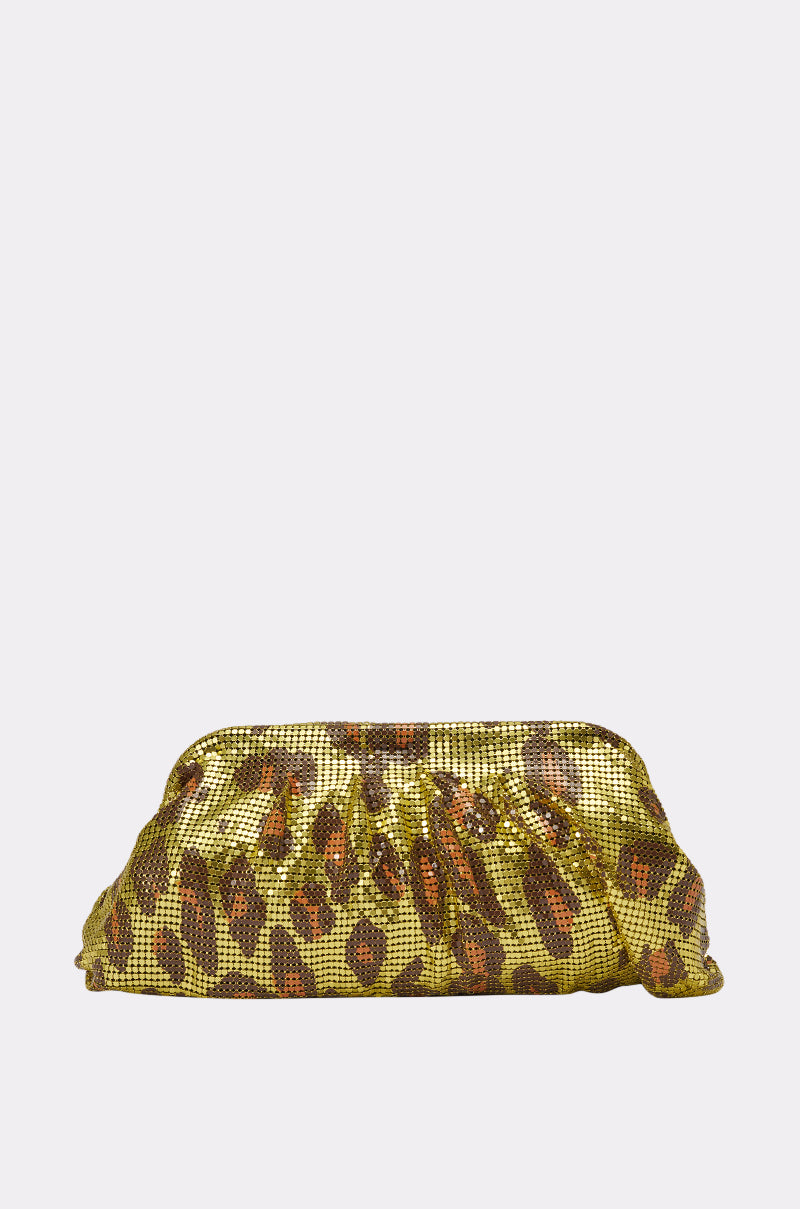 The TAKE A TRIP CHAINMAIL CLUTCH is a small, ruched evening bag with a shiny gold and brown leopard print, displayed against a plain white background. 0