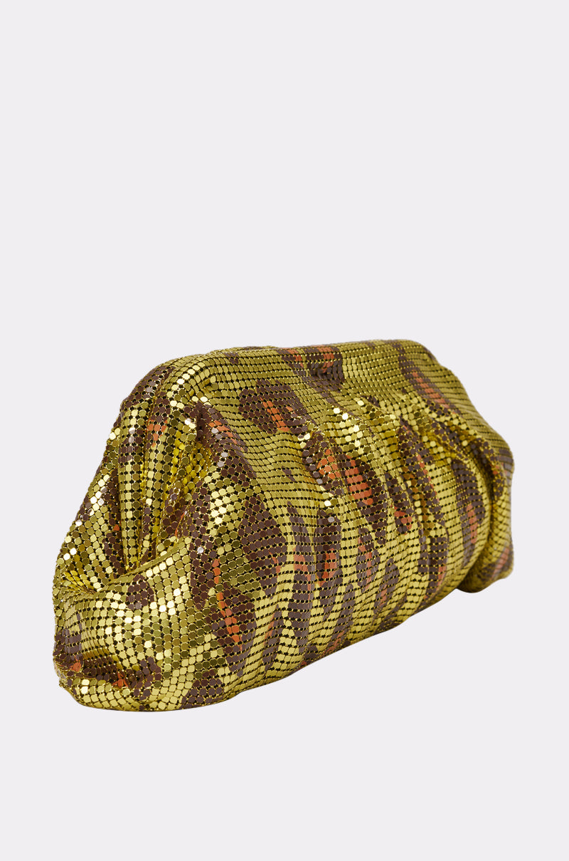 The TAKE A TRIP CHAINMAIL CLUTCH is a slouchy evening bag adorned with shiny gold and brown sequins in a leopard print, shown against a plain light background. 2