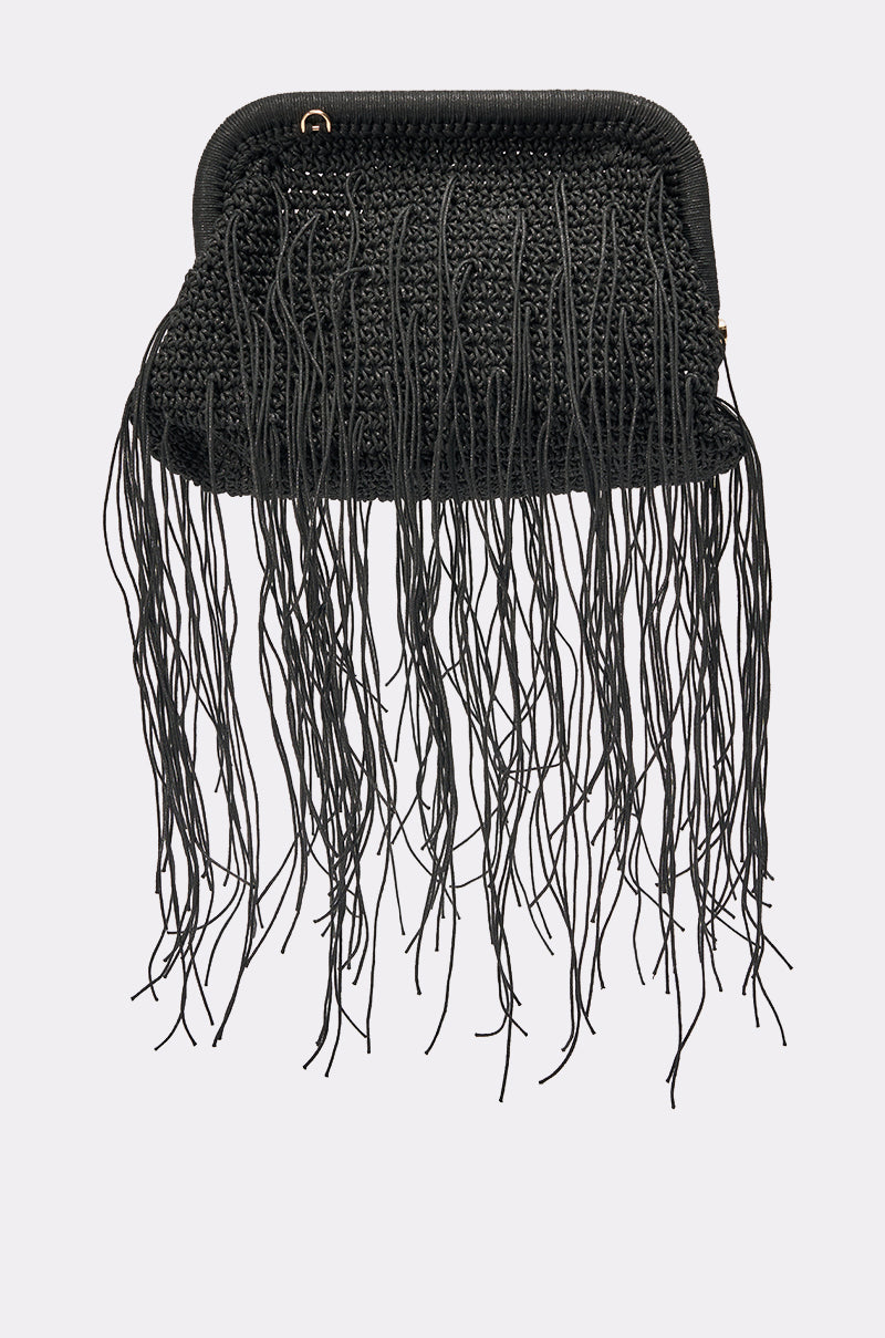 The IN THE WIND CLUTCH is a black statement purse with long, thin fringe hanging from the bottom—perfect for a girls’ night out—shown against a plain light background. 0