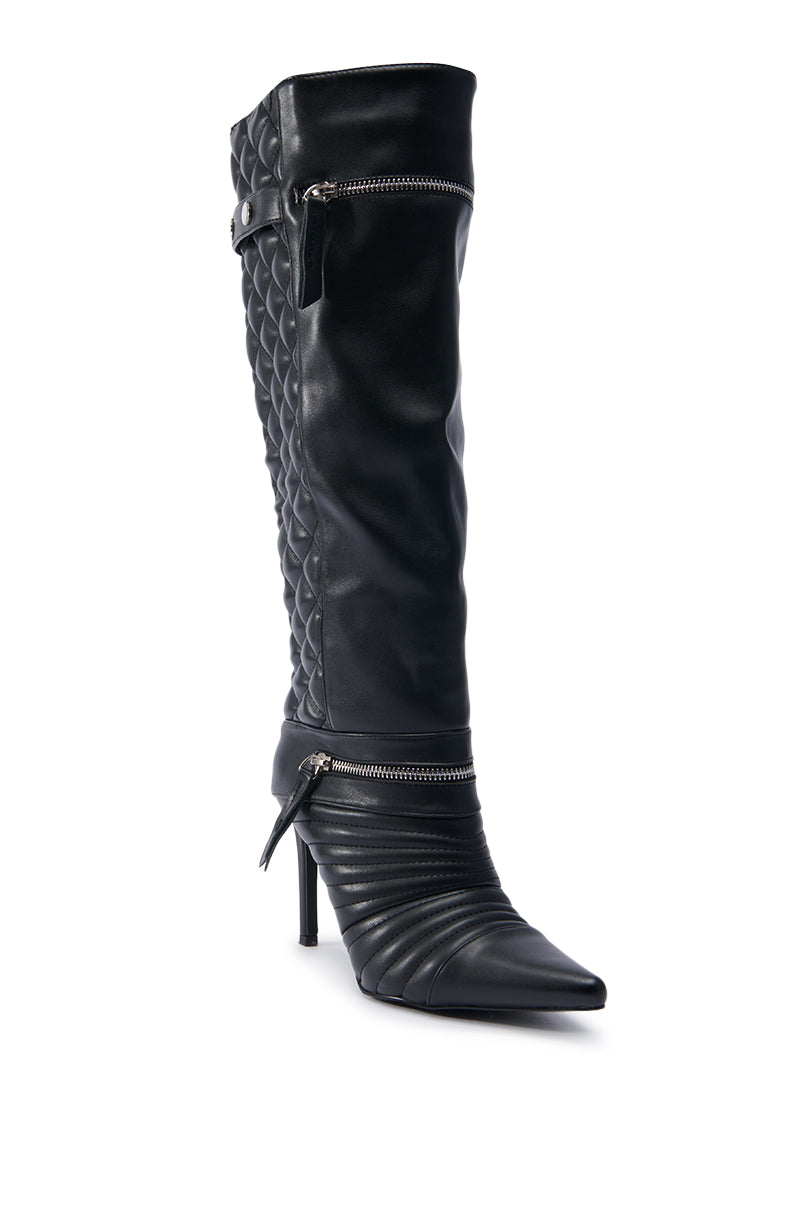 Introducing the AZALEA WANG LYRICAL BLACK STILETTO BOOT: a chic knee-high boot with a quilted faux leather design, featuring silver zippers at the ankle and top. Its pointed toe and sleek silhouette deliver a stylish, modern appeal.
