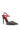 The AZALEA WANG Lysander Black Multi Pump Stiletto boasts a pointed toe with silver studs, a red ankle strap, thin black heel, red inner sole, and a patent faux leather finish for an eye-catching and bold look.