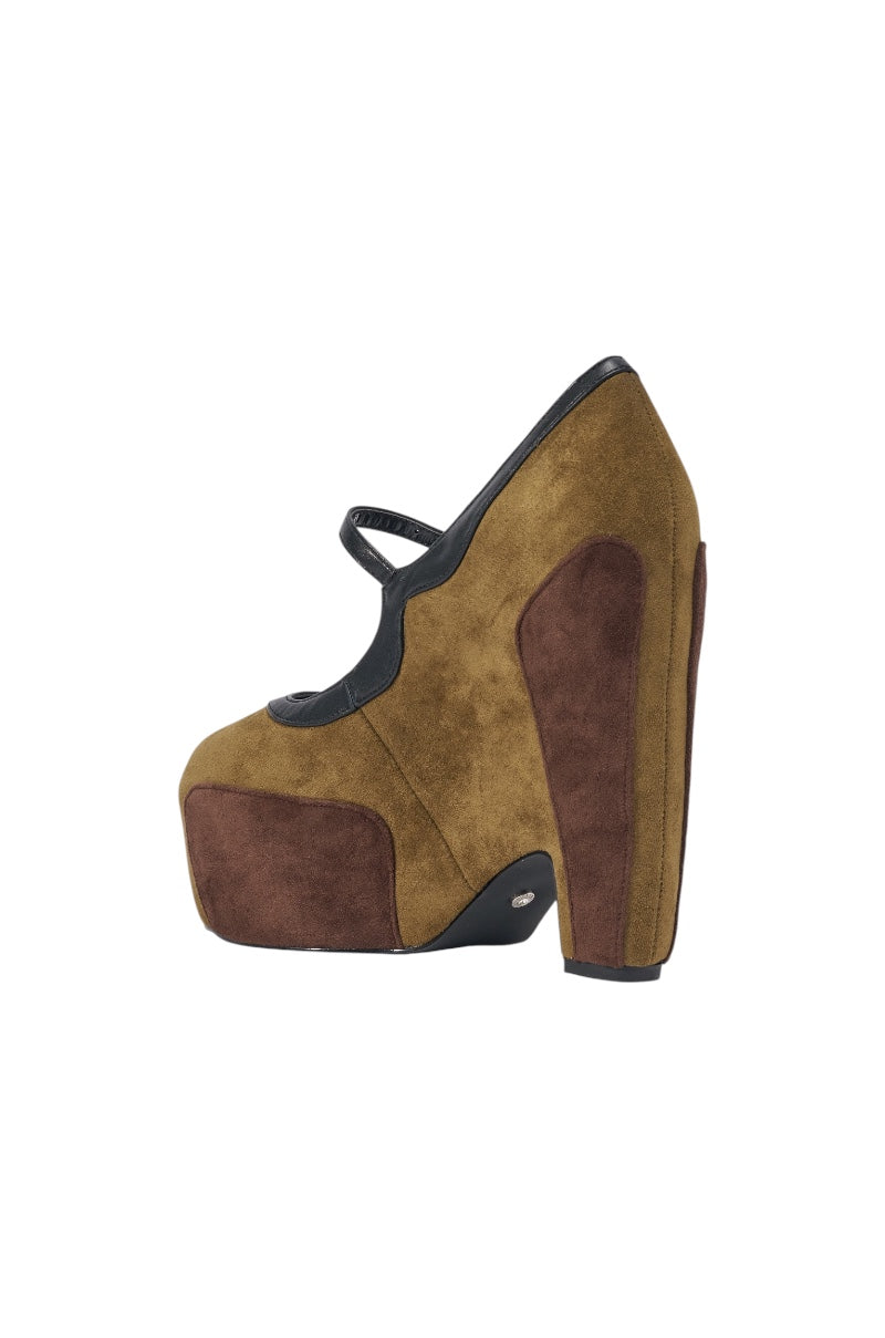 The AZALEA WANG LYTHA OLIVE MARY JANE PUMP is a chic, closed-toe heel in olive suede, featuring brown suede panels, a platform sole, and a sleek black strap across the top. 5