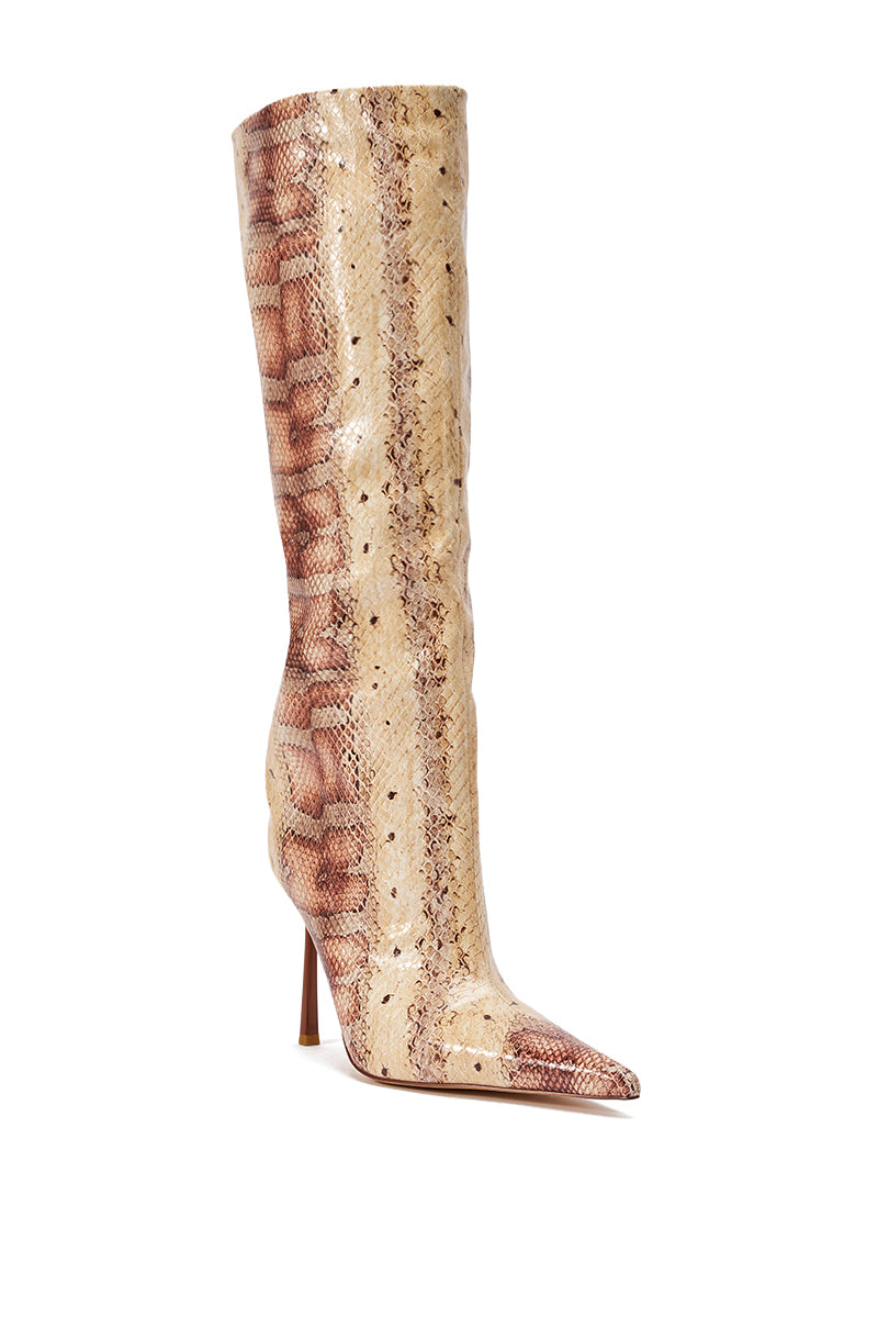 The AZALEA WANG MADEYE NUDE SNAKE STILETTO BOOT is a tall, pointed-toe knee-high boot in beige and brown snakeskin print with a slim stiletto heel for a bold, standout look. 8