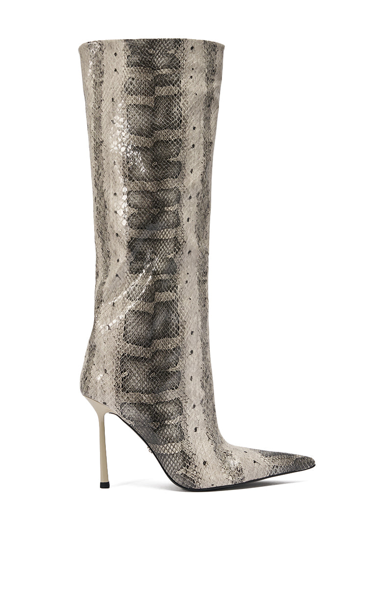 The AZALEA WANG MADEYE SNAKE STILETTO BOOT is a tall, knee-high stiletto with a pointed toe and gray and black snake print, shown in profile against a white background.