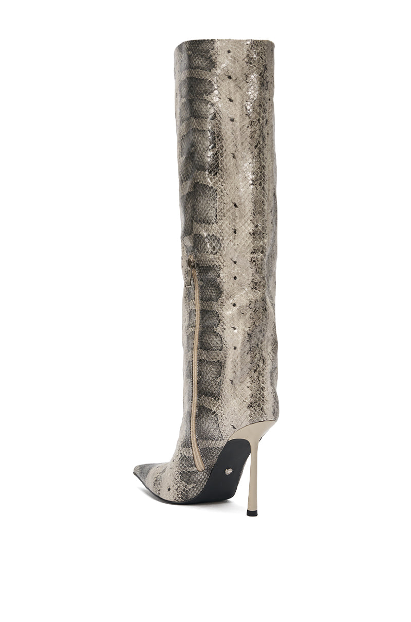 The AZALEA WANG MADEYE SNAKE STILETTO BOOT is a knee-high, pointed-toe boot in gray and beige snake print with a high stiletto heel and side zipper—perfect for adding sophistication to any outfit.