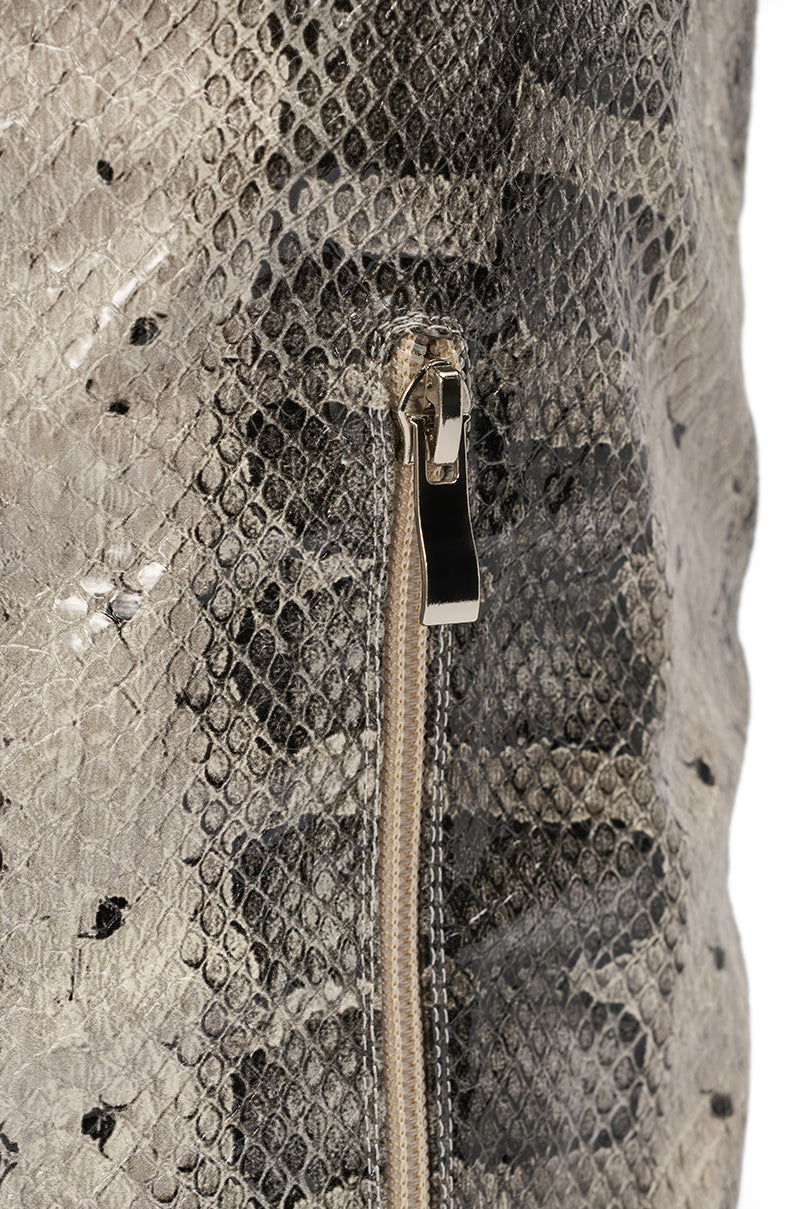 Close-up of the AZALEA WANG MADEYE SNAKE STILETTO BOOT, showcasing metallic black and gray snakeskin texture with a silver zipper, featuring shiny scales for a striking reptile-inspired look.