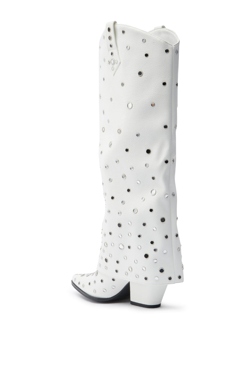 The AZALEA WANG MADLOCK WHITE EMBELLISHED WESTERN BOOT features a tall white design with silver and black studs, a low angled heel, and pointed toe—ideal for any Rhinestone Cowgirl seeking standout style.