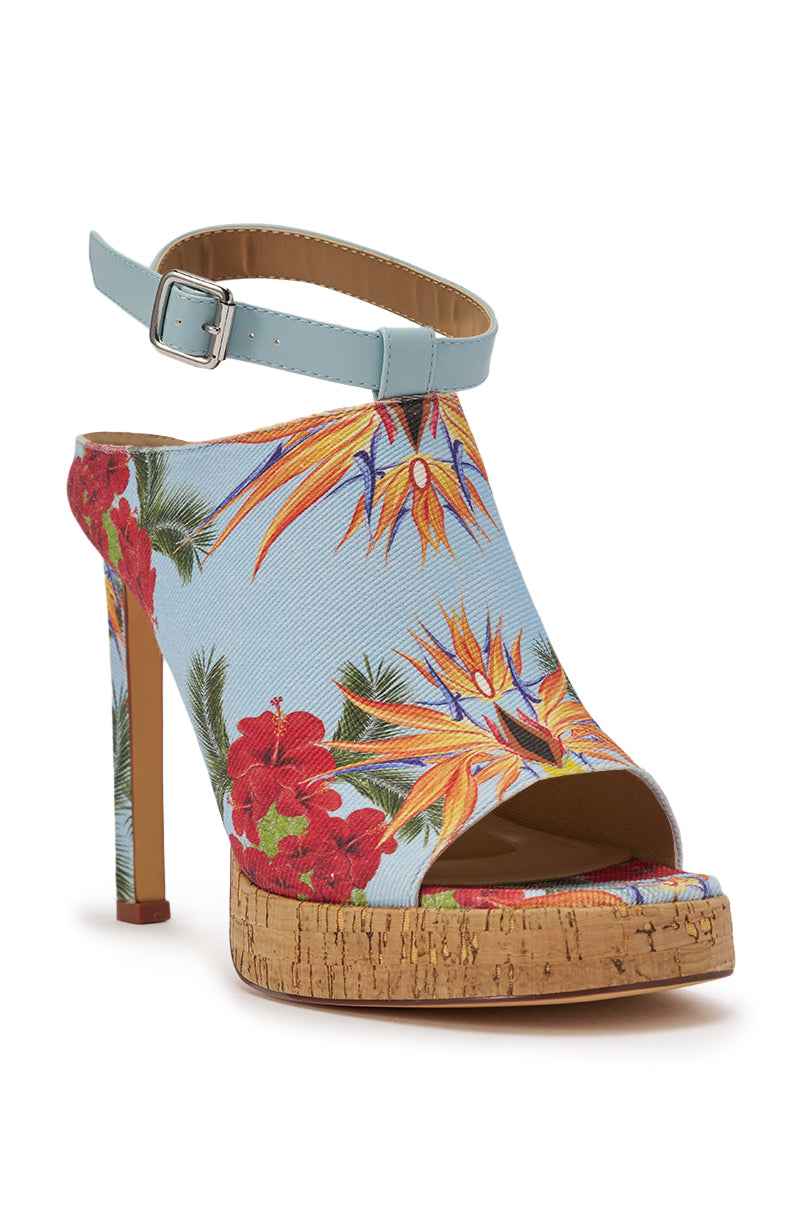 The AZALEA WANG MAELIE MULTI FLORAL STILETO SANDAL features a cork platform, light blue ankle strap, and bold red and orange tropical flowers on blue—an eye-catching choice for summer events. 4